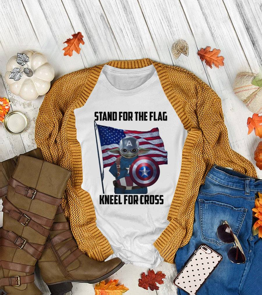 Stand for the Flag Kneel for Cross Grogu Captain America Shield American Flag T-Shirt