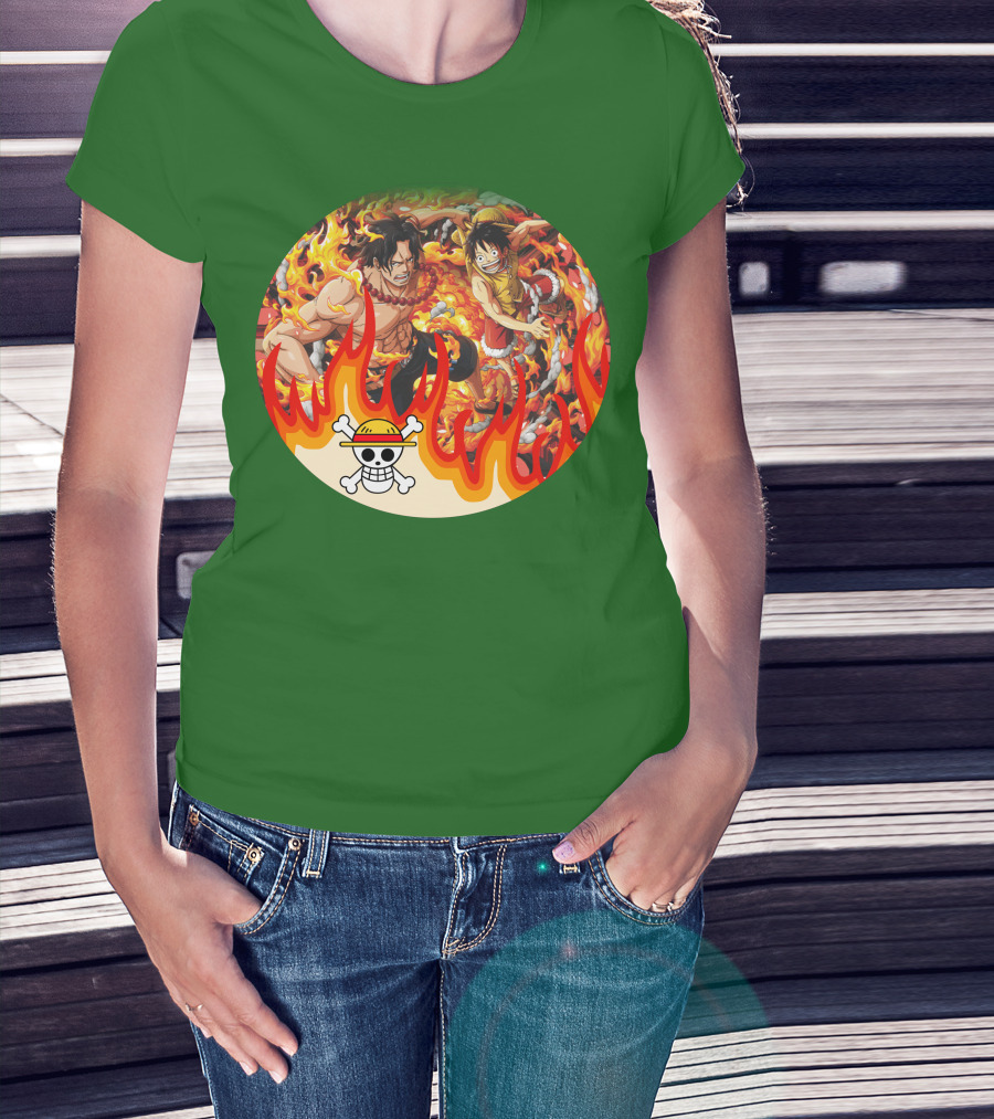 One Piece Luffy And Ace Fire Battle With Jolly Roger Hat T-Shirt