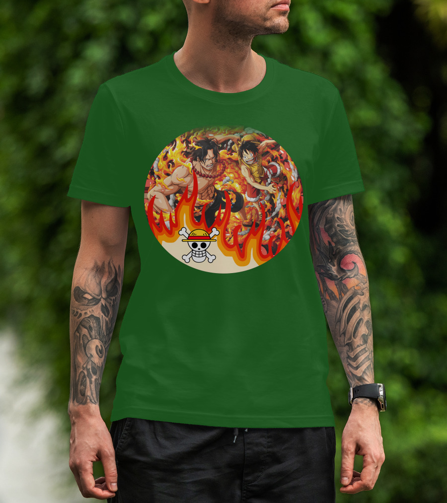 One Piece Luffy And Ace Fire Battle With Jolly Roger Hat T-Shirt