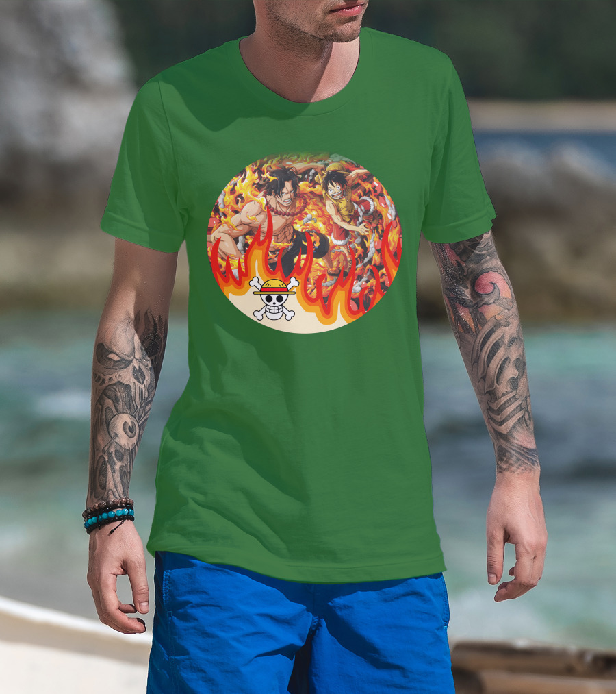 One Piece Luffy And Ace Fire Battle With Jolly Roger Hat T-Shirt