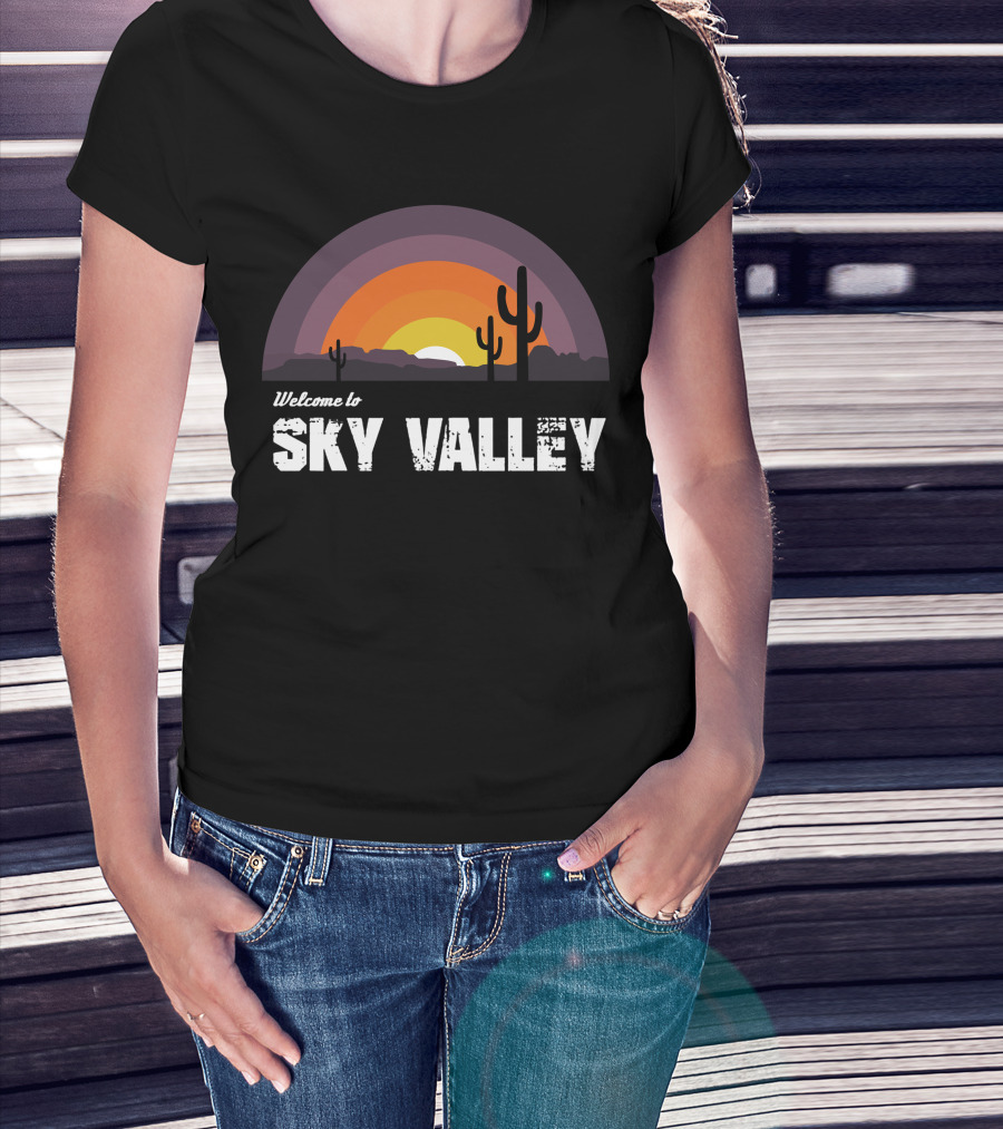 Welcome To Sky Valley Desert Sunset Scene With Cacti And Mountains T-Shirt