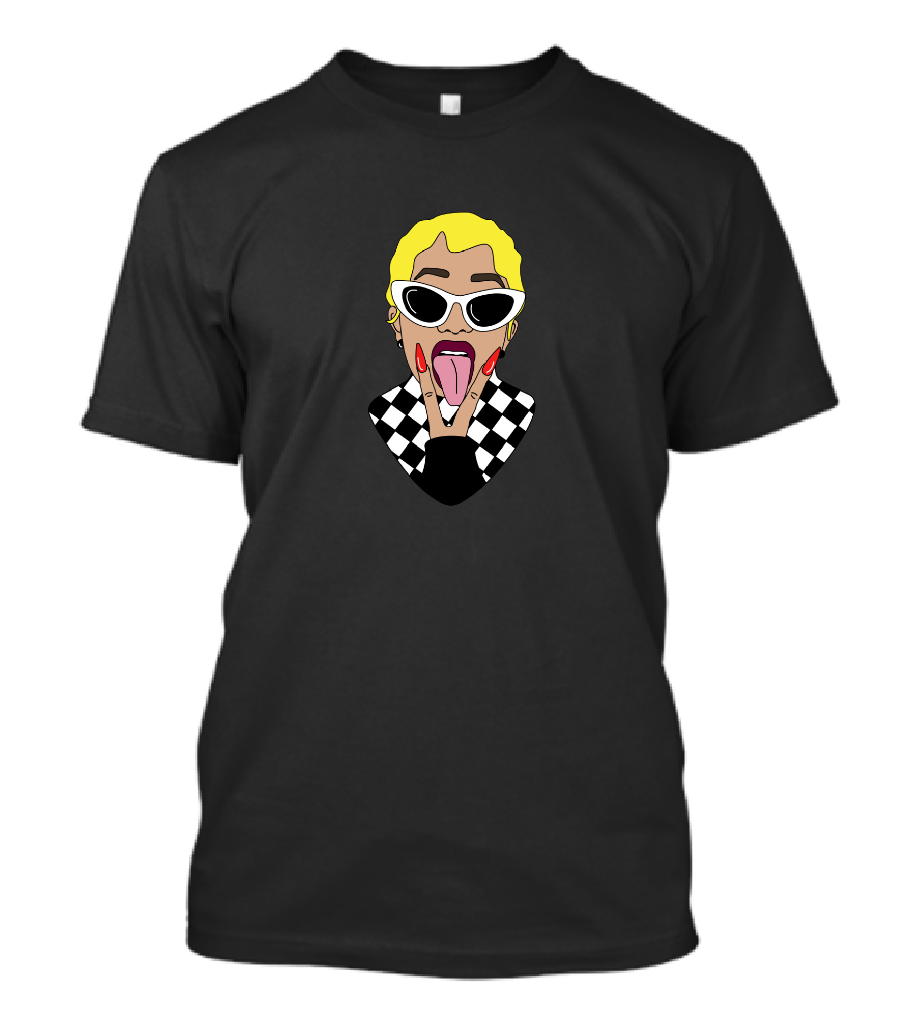 Cardi Yellow Hair Black White Checkered Outfit Sunglasses Tongue Out T-Shirt