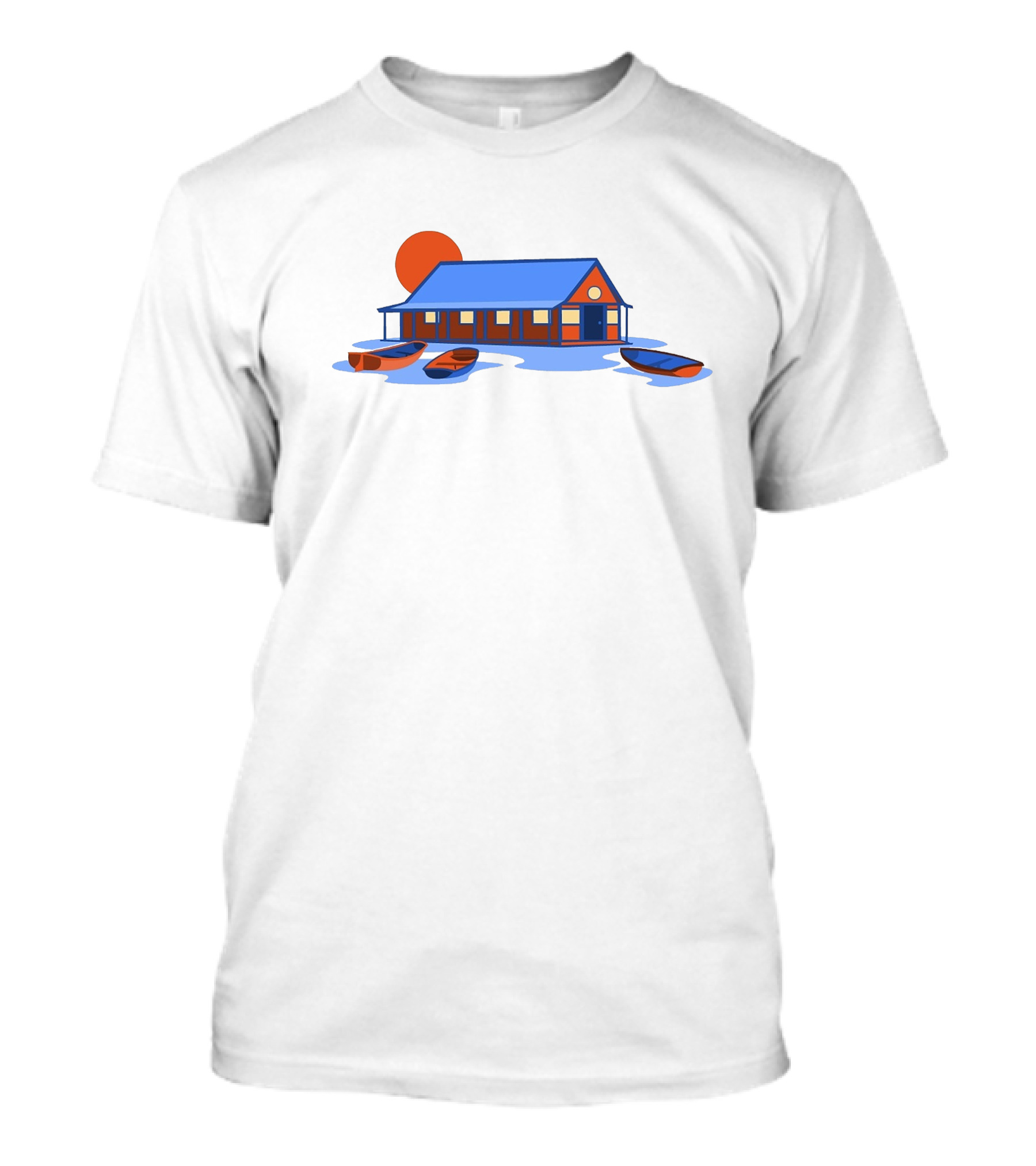 Boathouse Sunrise With Rowboats And Pier Shadow T-Shirt