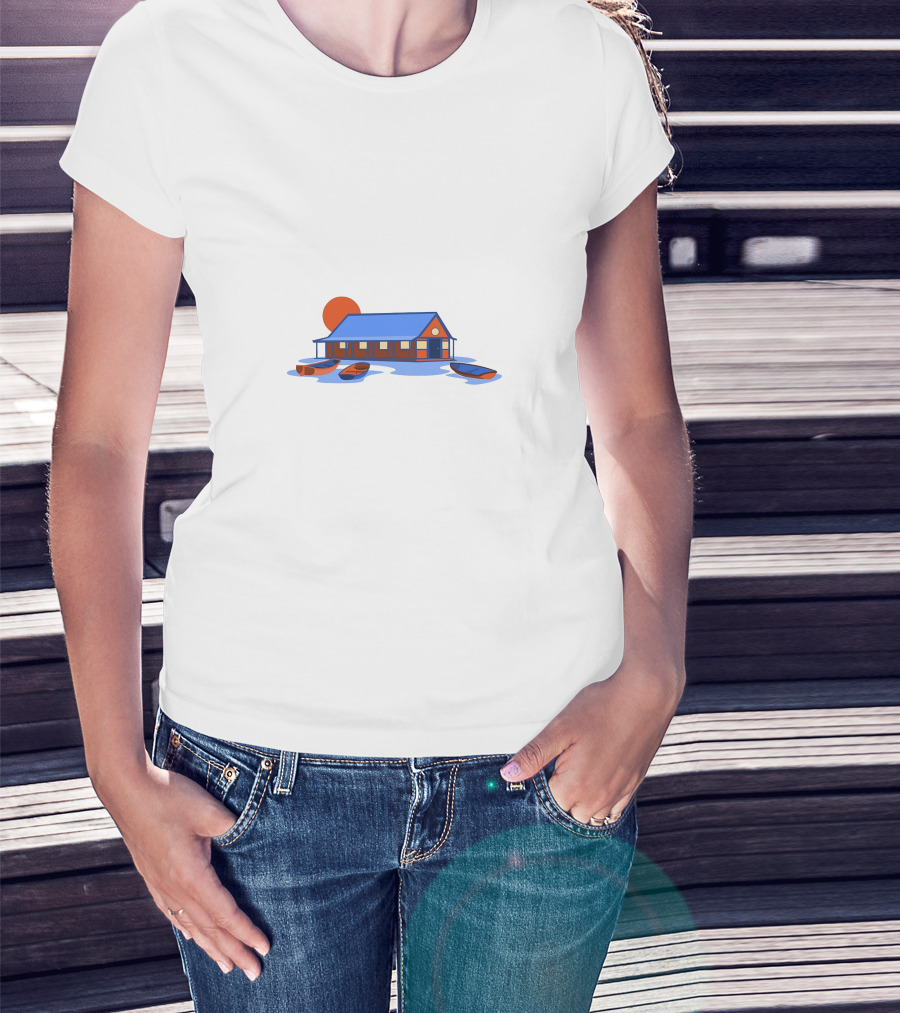 Boathouse Sunrise With Rowboats And Pier Shadow T-Shirt