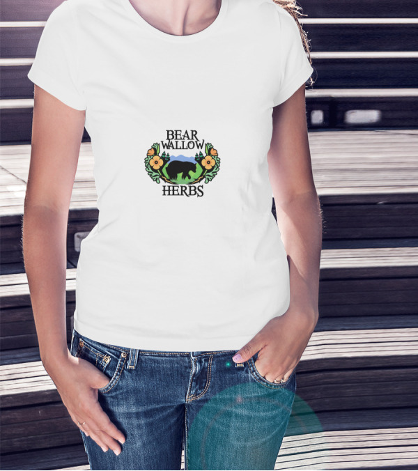 Bear Wallow Herbs Logo Bear Silhouette Mountains Flowers T-Shirt