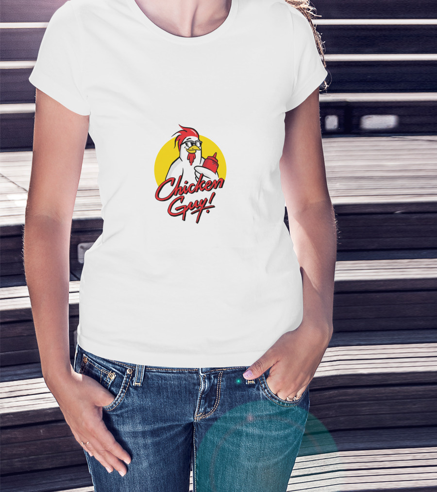 Chicken Guy Holding Sauce Bottle In Yellow Circle T-Shirt