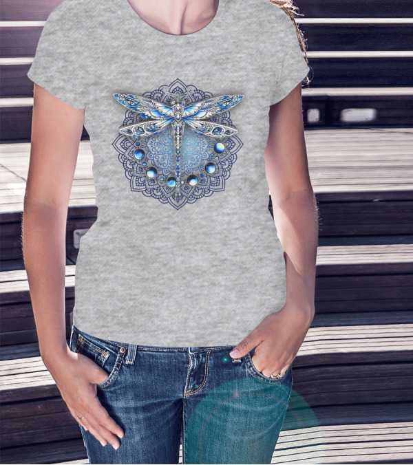 FLY GRADON Intricate Mandala Dragonfly Blue Gem Elements T-Shirt