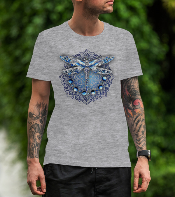 FLY GRADON Intricate Mandala Dragonfly Blue Gem Elements T-Shirt