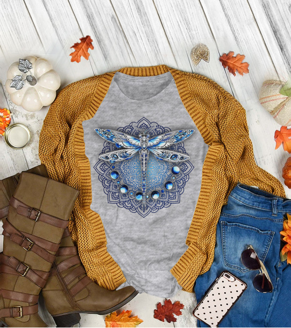 FLY GRADON Intricate Mandala Dragonfly Blue Gem Elements T-Shirt