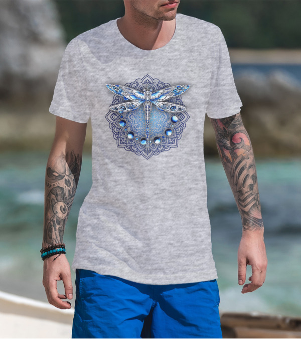 FLY GRADON Intricate Mandala Dragonfly Blue Gem Elements T-Shirt