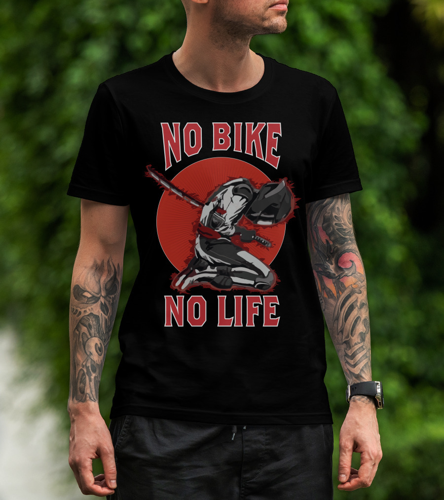 No Bike No Life Skull Bike USA Samurai Kneeling Motorcycle Rider T-Shirt