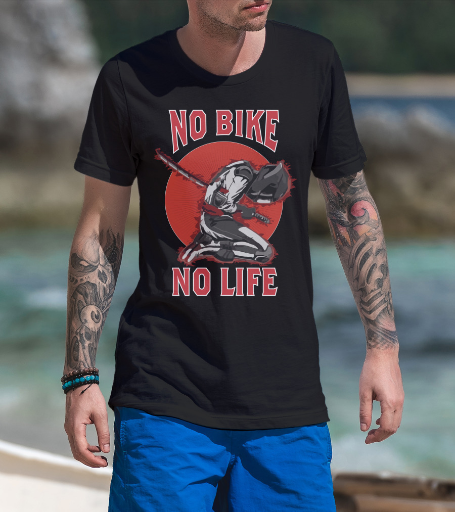 No Bike No Life Skull Bike USA Samurai Kneeling Motorcycle Rider T-Shirt
