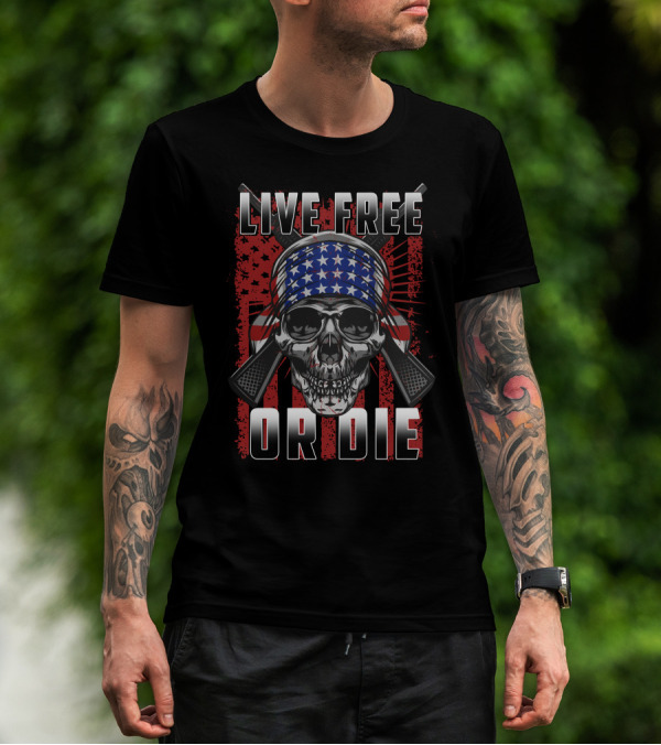 LIVE FREE OR DIE Skull American Flag Bandana T-Shirt