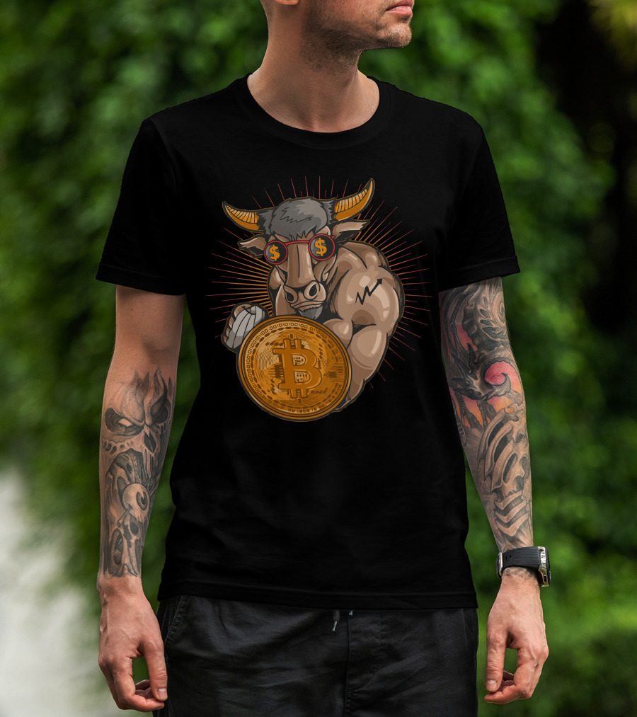 Bull With Bitcoin Shield And Dollar Sign Glasses T-Shirt