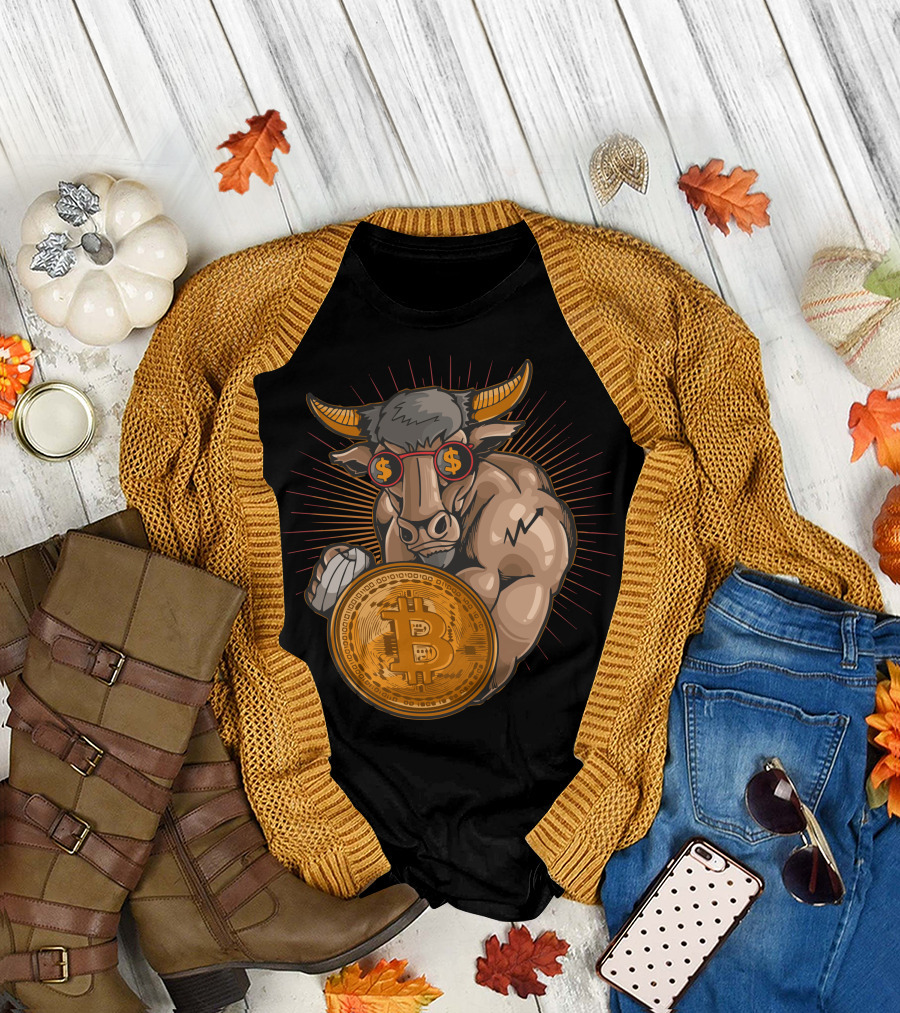Bull with Bitcoin Shield and Dollar Sign Glasses T-Shirt
