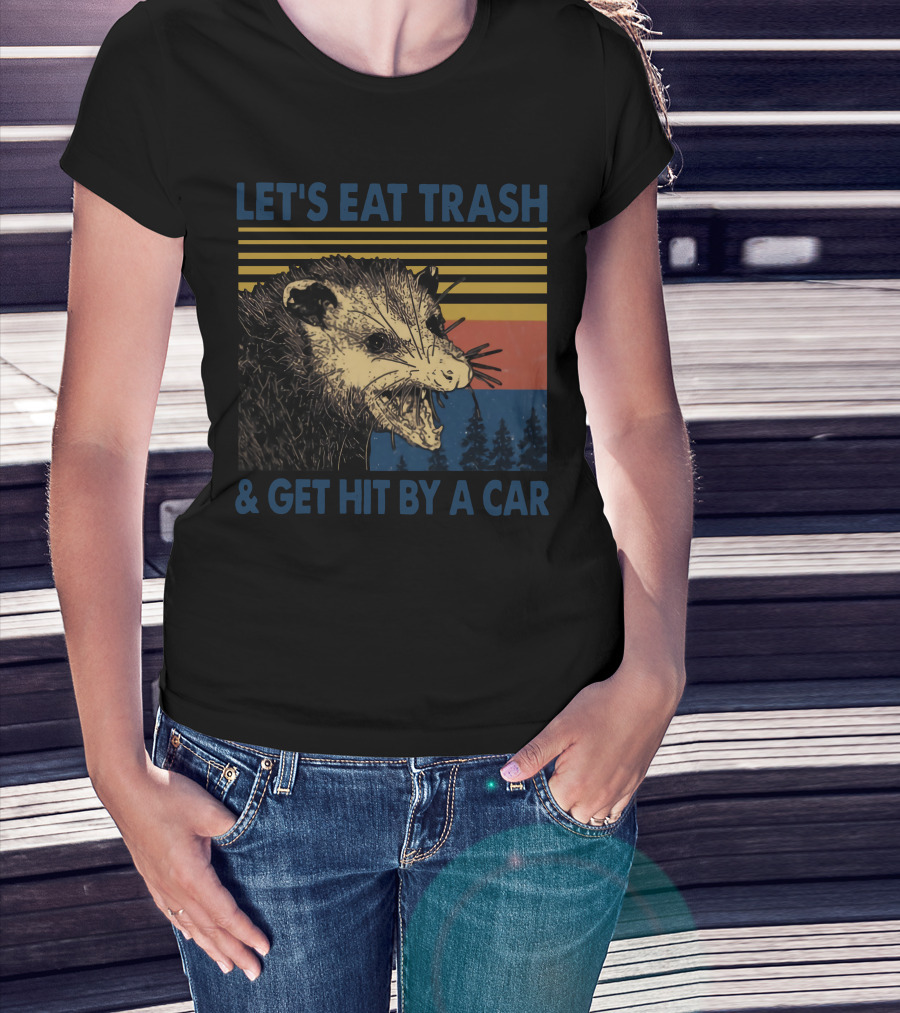 LET'S EAT TRASH And GET HIT BY A CAR Opossum Vintage Retro Stripe Forest T-Shirt