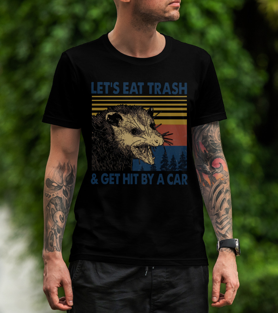 LET'S EAT TRASH And GET HIT BY A CAR Opossum Vintage Retro Stripe Forest T-Shirt