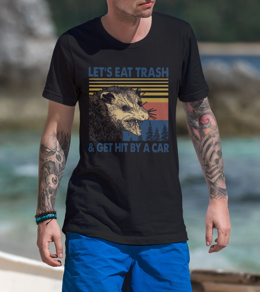 LET'S EAT TRASH And GET HIT BY A CAR Opossum Vintage Retro Stripe Forest T-Shirt