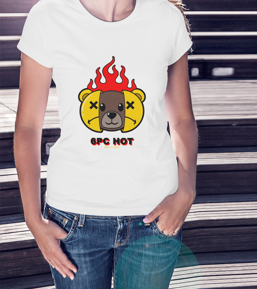 6pc Hot Make On Black Flame Bear T-Shirt