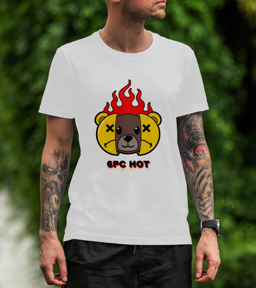 6pc Hot Make On Black Flame Bear T-Shirt