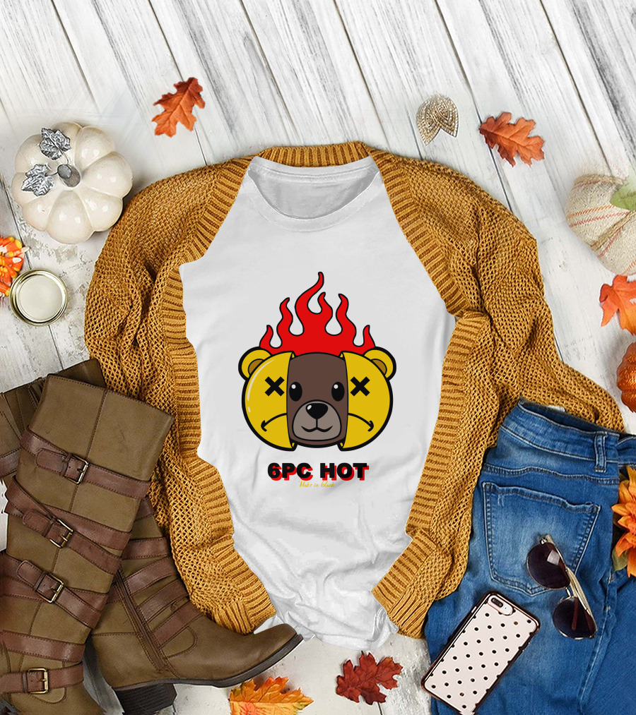 6pc Hot Make On Black Flame Bear T-Shirt