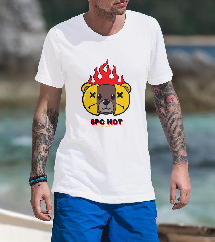 6pc Hot Make On Black Flame Bear T-Shirt