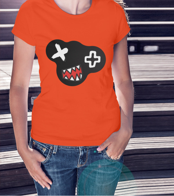 Monstrosity X Plus Mark Teeth Icon On Black Blob Shape T-Shirt