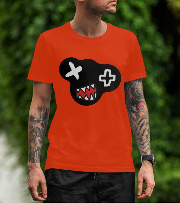 Monstrosity X Plus Mark Teeth Icon On Black Blob Shape T-Shirt