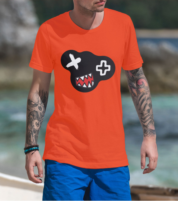 Monstrosity X Plus Mark Teeth Icon On Black Blob Shape T-Shirt