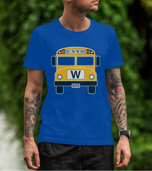 Cubs GOTB Blue And Yellow Bus W Get On The Bus T-Shirt
