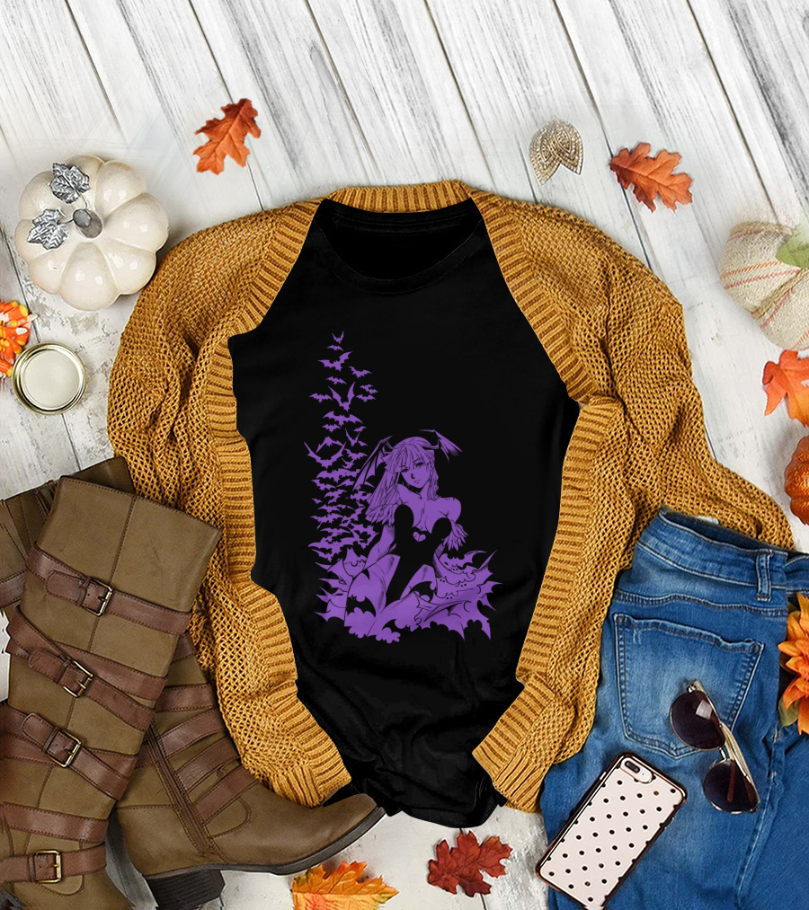 Udon Pins Darkstalkers Morrigan with Purple Bats Swarm T-Shirt