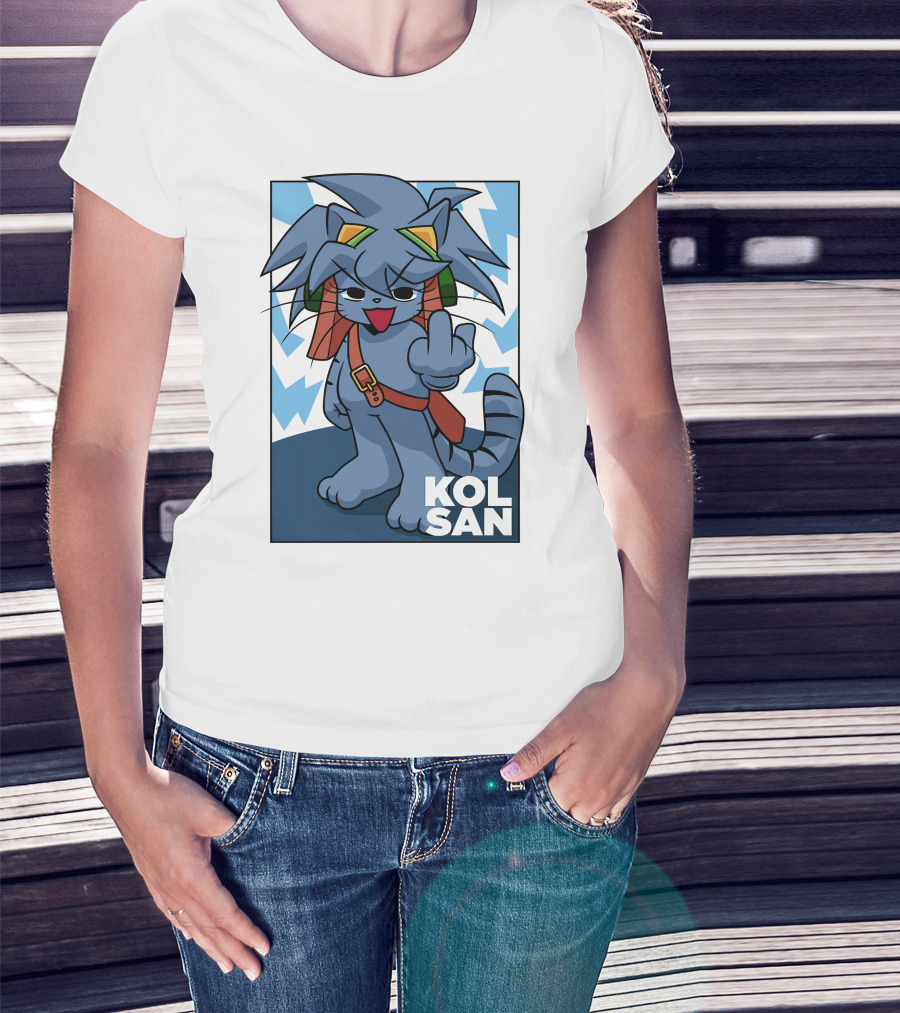 Kolsan Attitude Blue Cat Character With Lightning Bolt Background T-Shirt