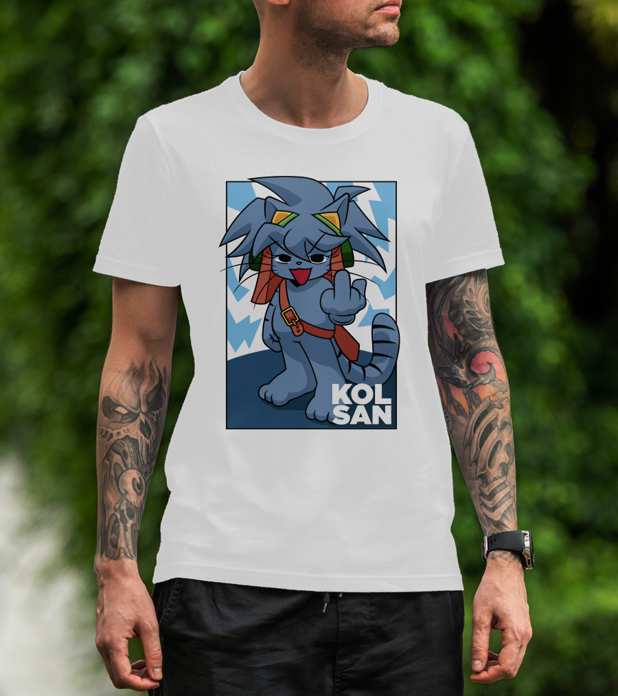 Kolsan Attitude Blue Cat Character With Lightning Bolt Background T-Shirt