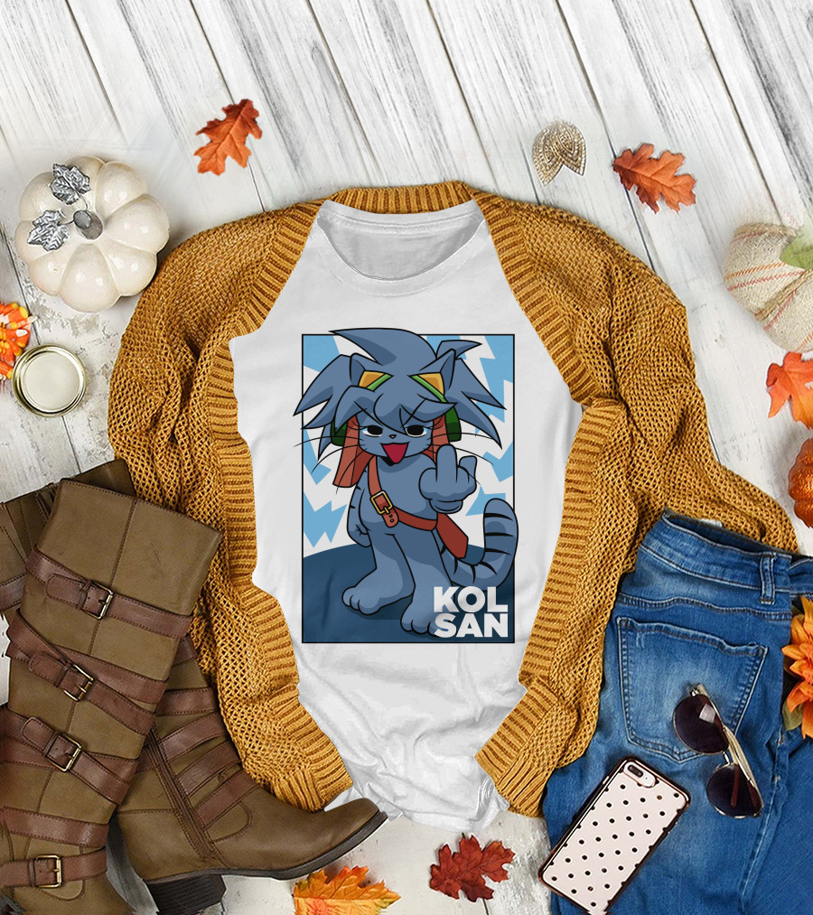 Kolsan Attitude Blue Cat Character with Lightning Bolt Background T-Shirt