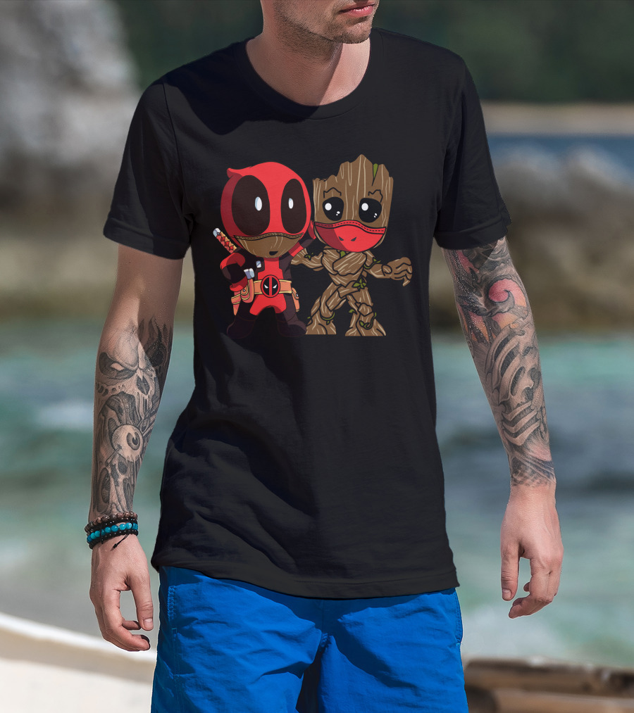 Deadpool And Baby Groot Mashup Comic Characters T-Shirt