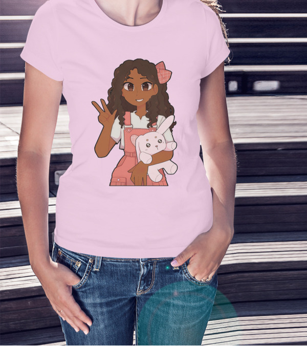 Akeila Merch Anime Style Character With Pink Overalls And Stuffed Bunny T-Shirt