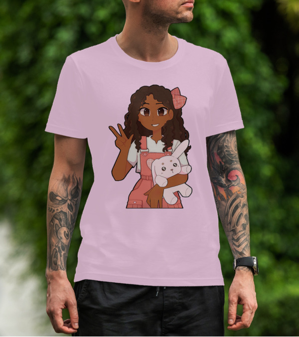 Akeila Merch Anime Style Character With Pink Overalls And Stuffed Bunny T-Shirt