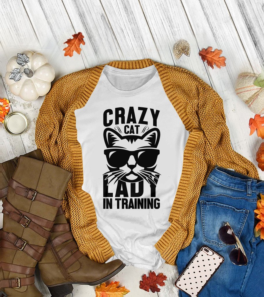 Crazy Cat Lady in Training with Sunglasses Cat Face T-Shirt
