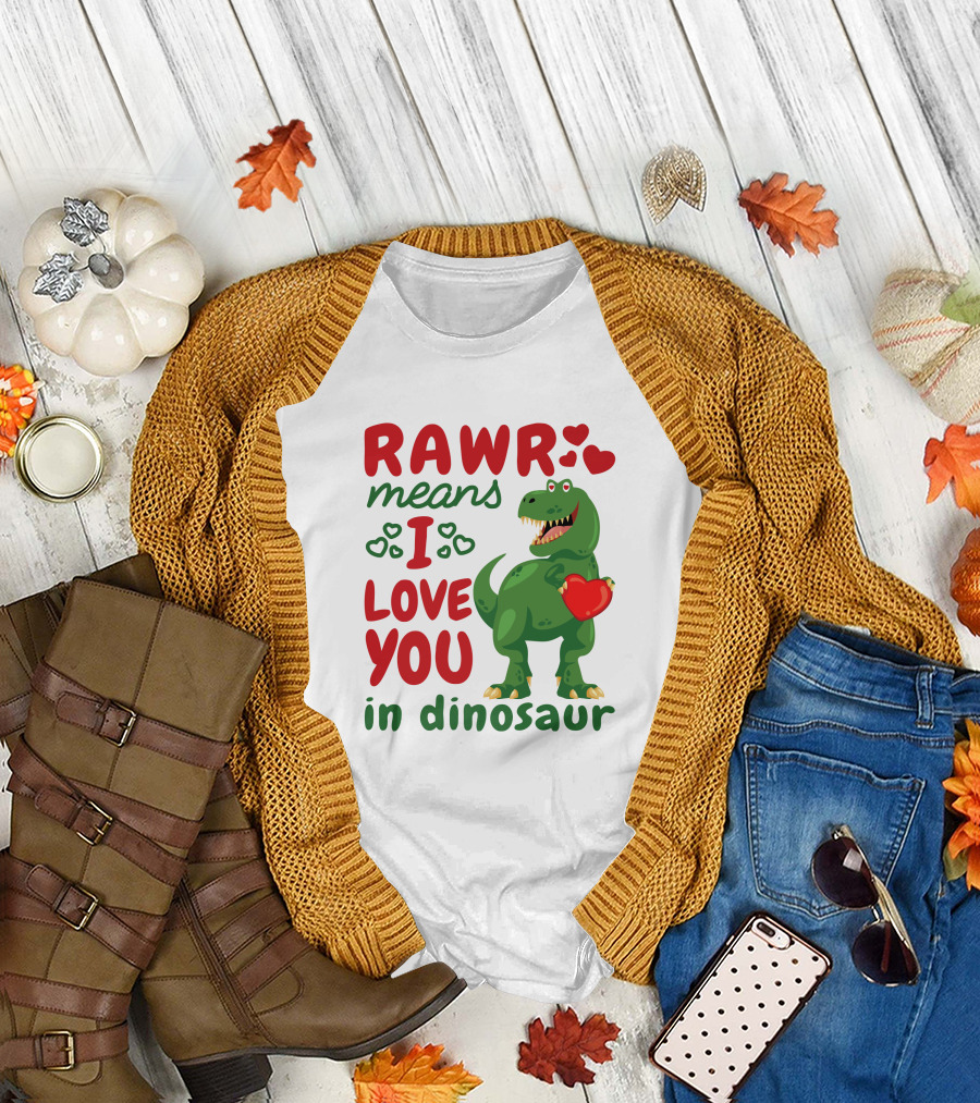 RAWR Means I Love You in Dinosaur with Hearts and Green T-Rex Holding Heart T-Shirt