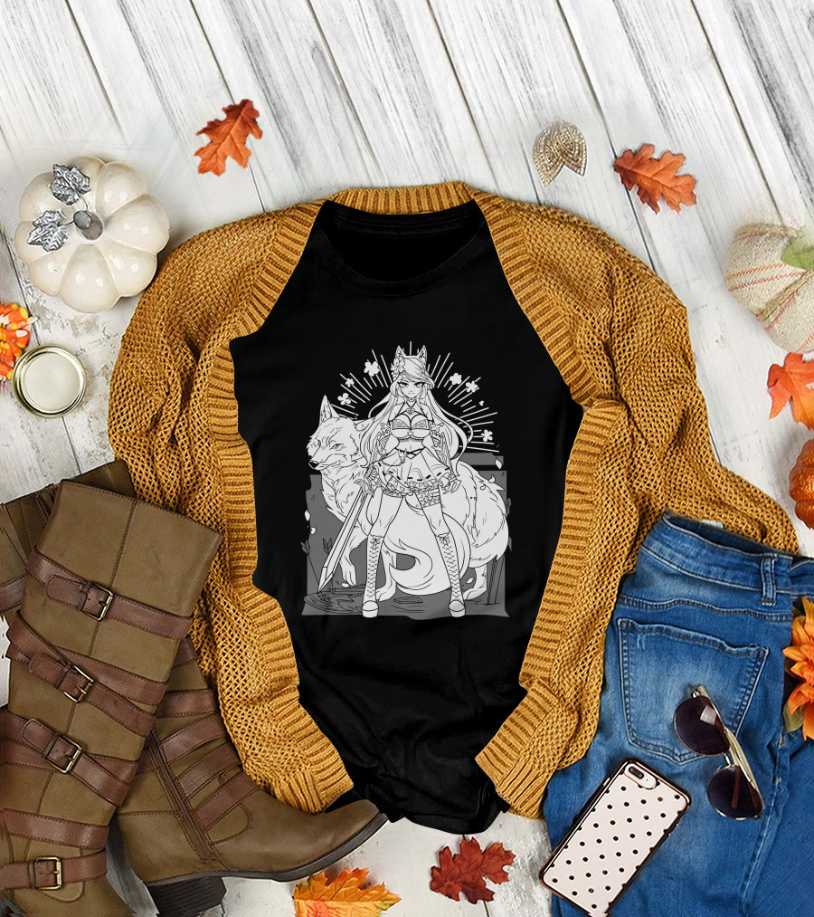 Shark Robot Silvervale Vshojo Warrior with Wolf Companion T-Shirt