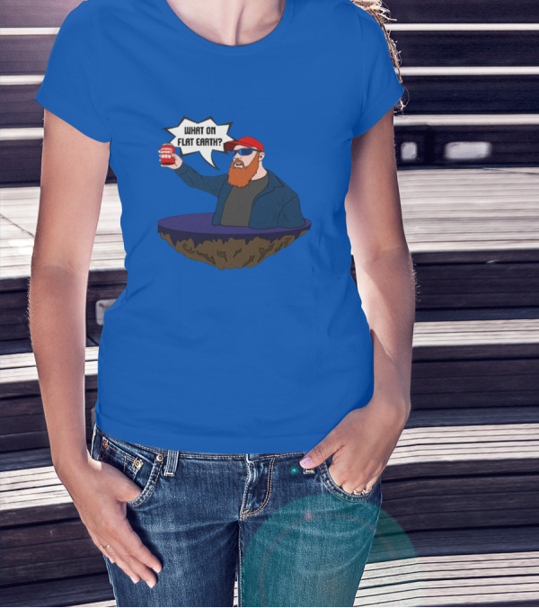 Brent Terhune What On Flat Earth Comedy Satire Floating Island Red Hat Beard Sunglasses Blue Jacket Can T-Shirt