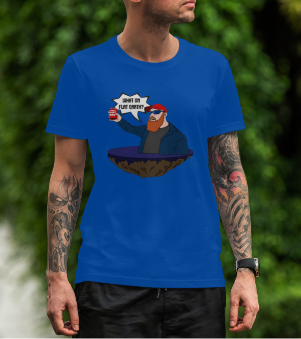 Brent Terhune What On Flat Earth Comedy Satire Floating Island Red Hat Beard Sunglasses Blue Jacket Can T-Shirt