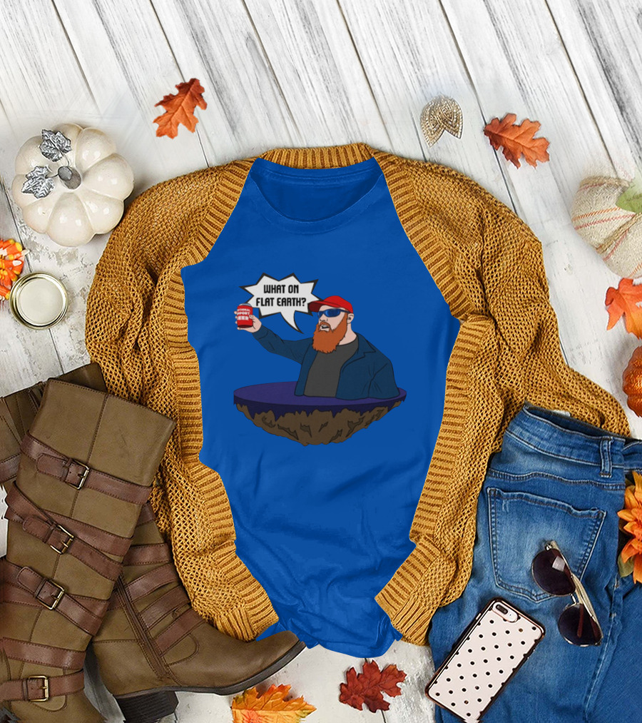 Brent Terhune What On Flat Earth Comedy Satire Floating Island Red Hat Beard Sunglasses Blue Jacket Can T-Shirt
