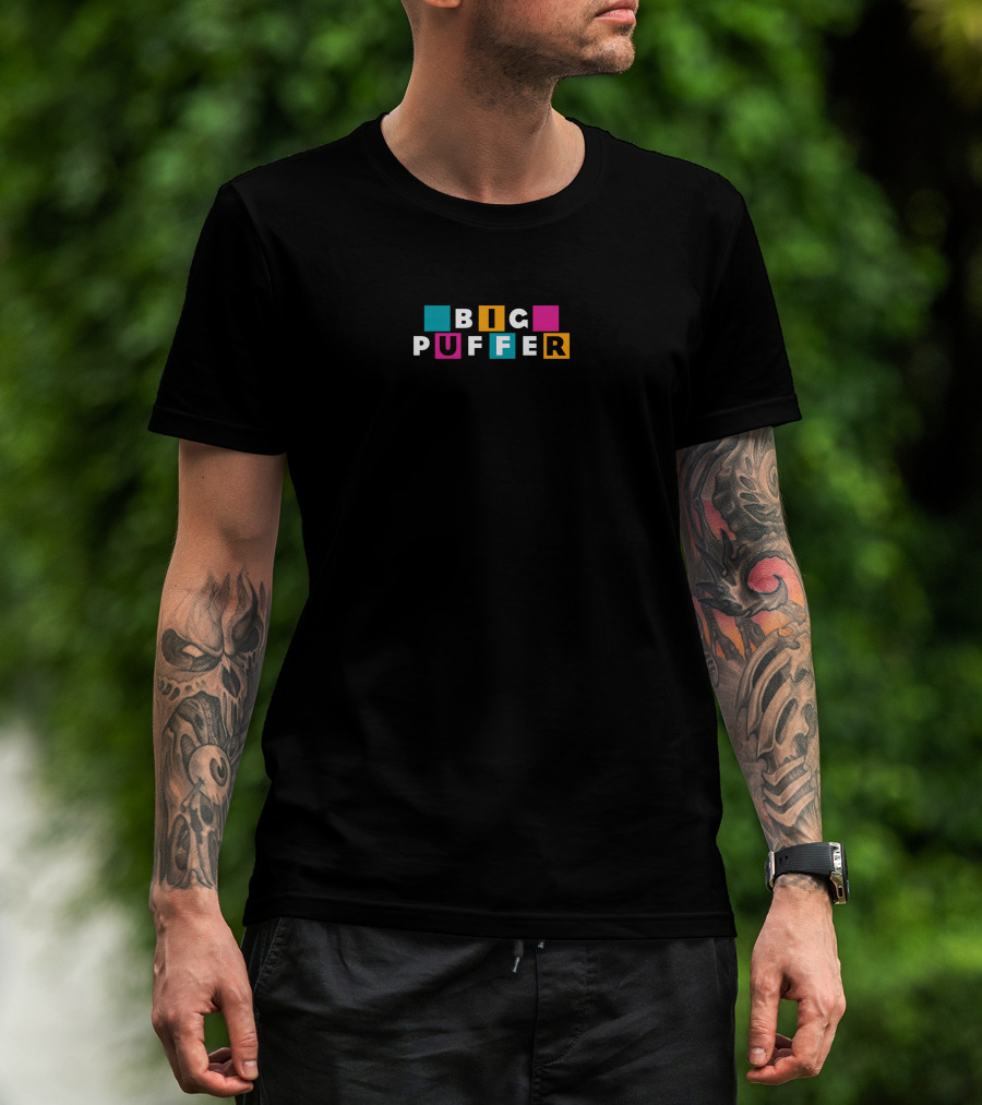 Big Puffer Merch Colorful Block Letters Checkered T-Shirt