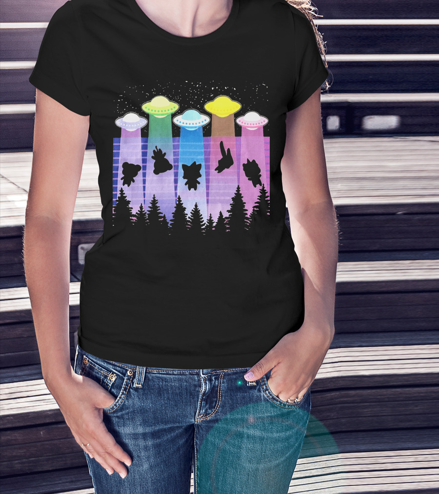 Krewdistrict Flying Saucers Alien Abduction Cartoon Silhouettes Forest Scene T-Shirt
