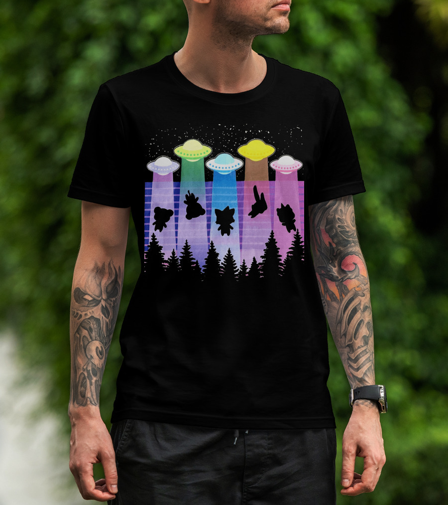 Krewdistrict Flying Saucers Alien Abduction Cartoon Silhouettes Forest Scene T-Shirt
