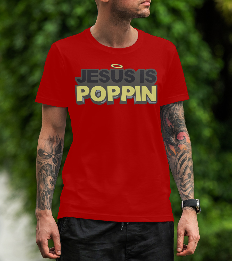 JESUS IS POPPIN Angel Halo Icon On Red T-Shirt