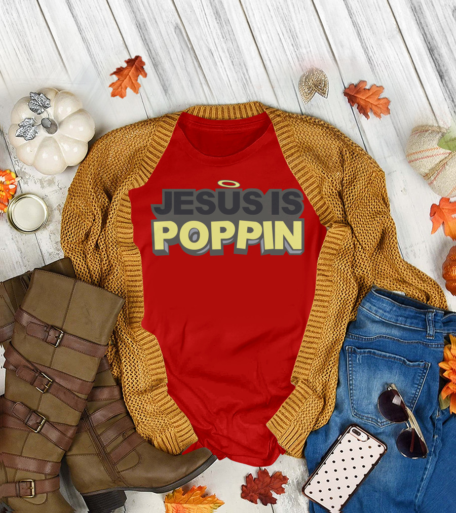 JESUS IS POPPIN Angel Halo Icon on Red T-Shirt