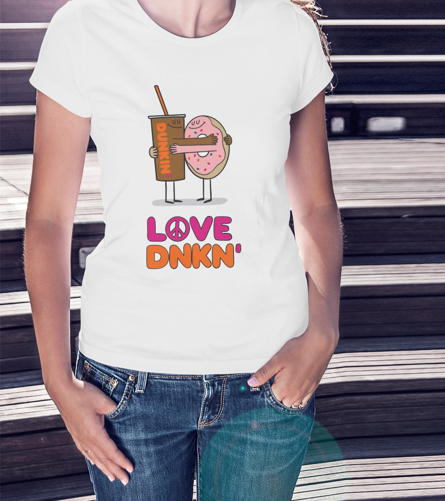 Love Peace Dunkin' Hugging Cartoon Donut And Coffee T-Shirt