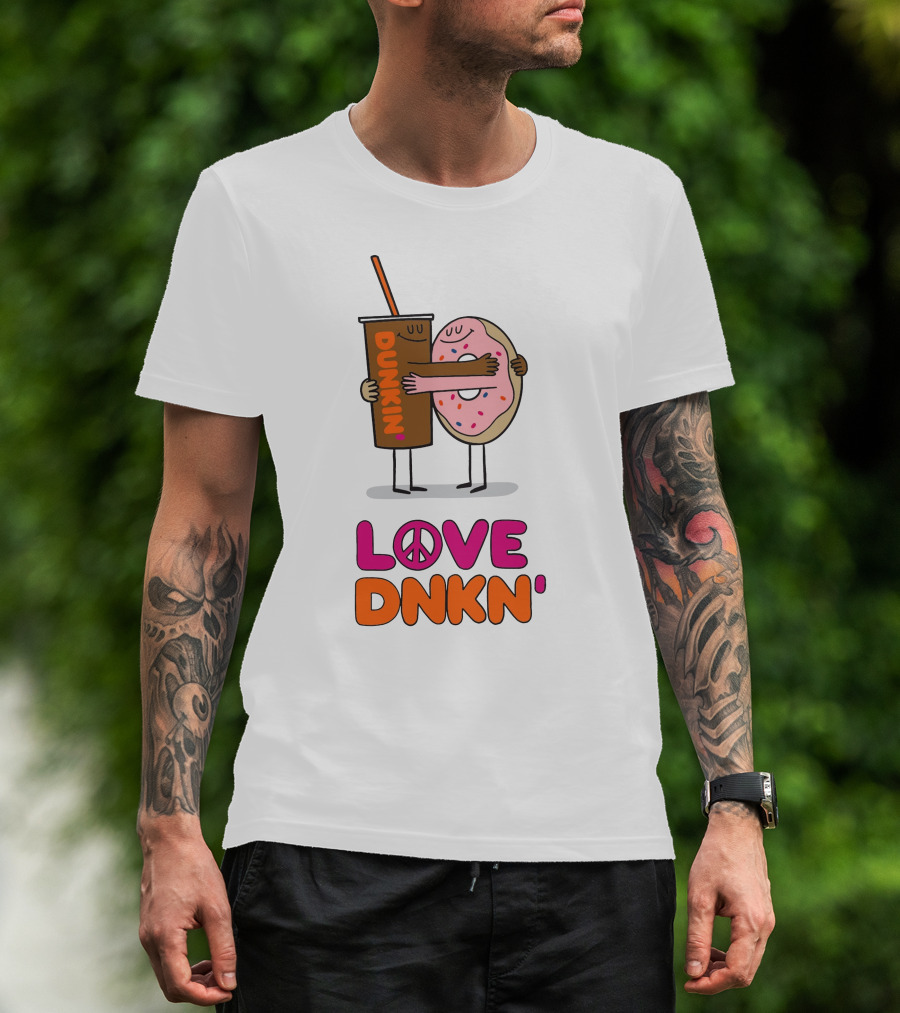 Love Peace Dunkin' Hugging Cartoon Donut And Coffee T-Shirt